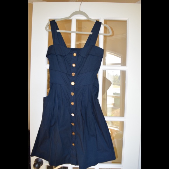 navy blue dress with gold buttons